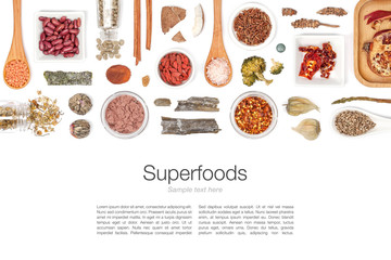 various superfood on white background top view