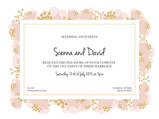 Wedding Invitation Card with pink flower frame. Vector design.