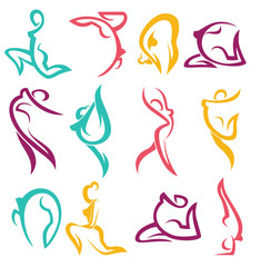 yoga practice and other woman exercise - obrazy, fototapety, plakaty