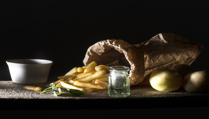 fried potatoes on the wooden table