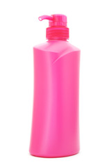 pink plastic pump cosmetic bottle on white background