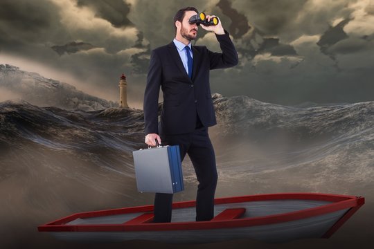 Composite image of businessman in boat with binoculars