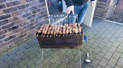 shashlik  - traditional russian barbecue.  meat on barbeque. smo