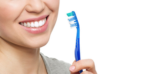 Dental health. Close-up of perfect white smile isolated on white