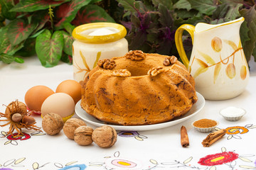 Pound cake or Kouglof (kugelhopf) cake bread on white plate.