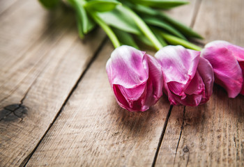 Flowers. tulips on a wooden background with space for text