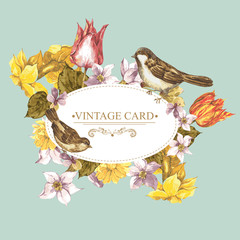 Spring Floral Retro Card with Bird Sparrows