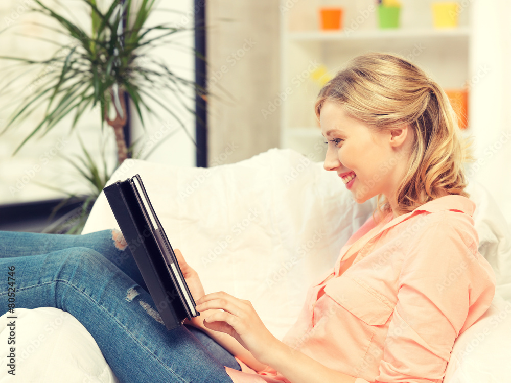 Sticker happy woman with tablet pc computer