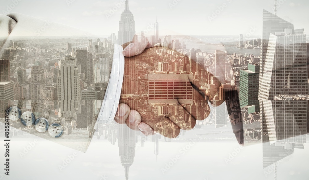 Aufkleber composite image of side view of business peoples hands shaking