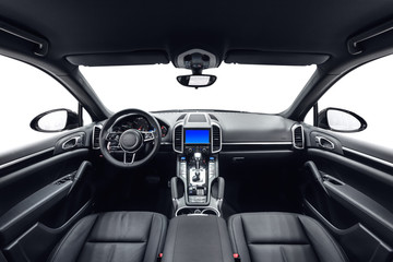 Car interior black leather and metal decoration