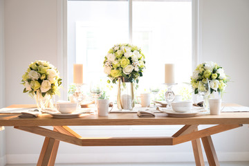 Wooden table setting and decoration for meal time