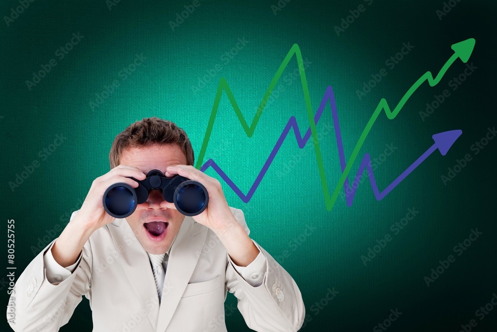 Poster composite image of positive businessman using binoculars