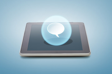 tablet pc with bank text bubble icon over screen