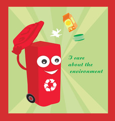 a vector cartoon representing a funny recycling bin