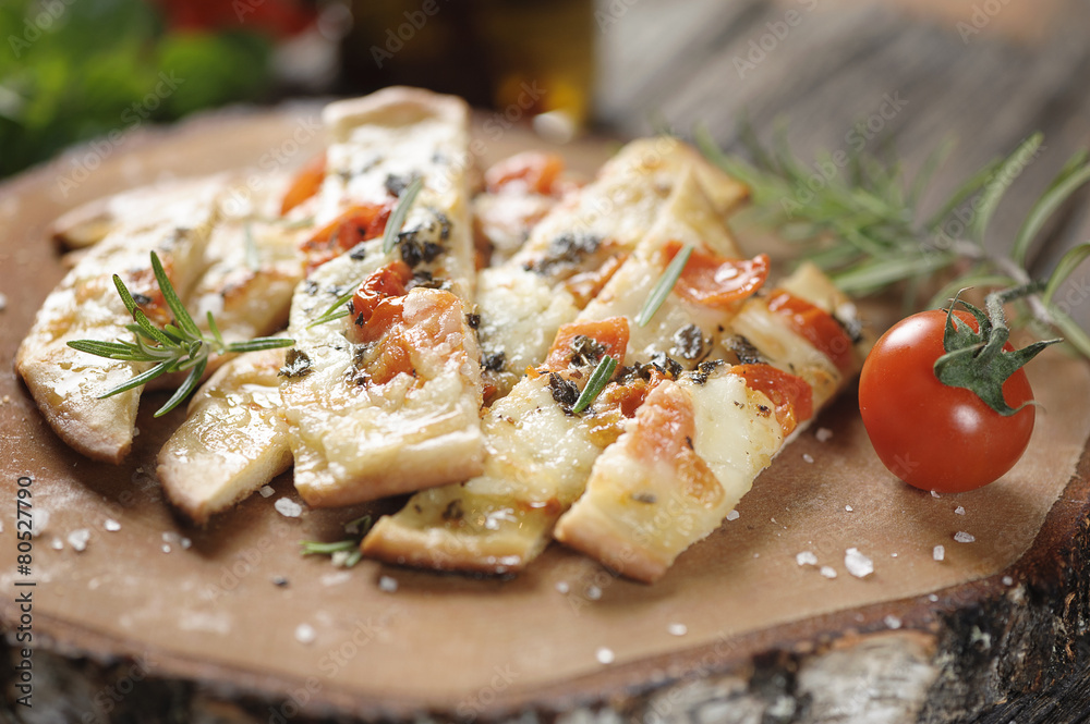 Wall mural pizza with cherry tomatoes and cheese