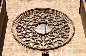 Rose window of St Mary of the Sea cathedral in Barcelona.