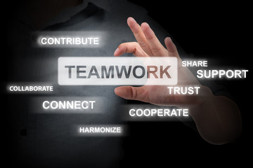 Businessman hand shows teamwork chart concept