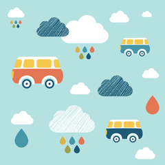 Kids wall paper pattern. Colored buses and clouds.