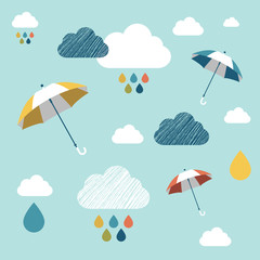 Kids wall paper pattern. Colored umbrellas and clouds.