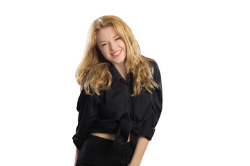Beautiful girl in the black shirt is smiling. The white backgrou