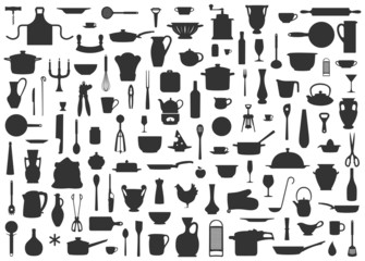 Silhouetten Hintergrund aus K&uuml;chenutensilien Schwarz Wei&szlig;