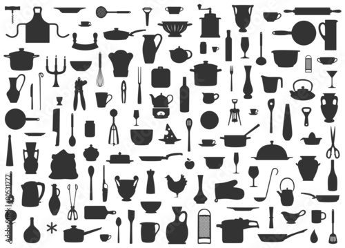 "Silhouetten Hintergrund aus Küchenutensilien Schwarz Weiß" Imagens e