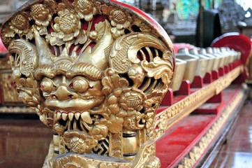 Small carved gamelan music gongs, Ubud, Bali, Indonesia