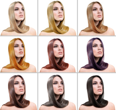Concept of coloring hair. Portraits of beautiful woman with