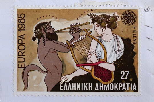 apollo and satyr postage stamp