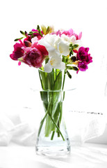 Beautiful spring flowers on windowsill background