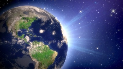 Fototapeta na wymiar Earth. 3D. Planet Earth with Rising Sun behind