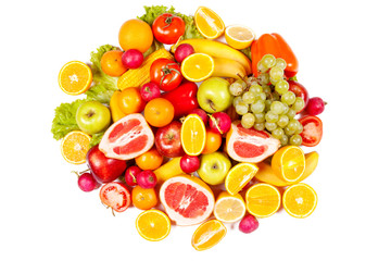 Juicy ripe fruit and vegetables on a white background