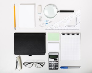 Accessories. Workplace with office items and business elements