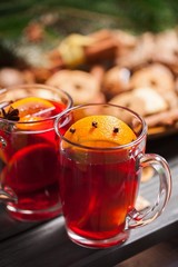 Wine. Cookies in the shape of stars, spices and mulled wine on a