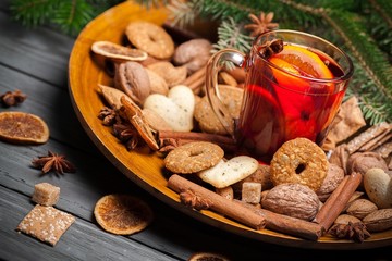 Wine. Cookies in the shape of stars, spices and mulled wine on a