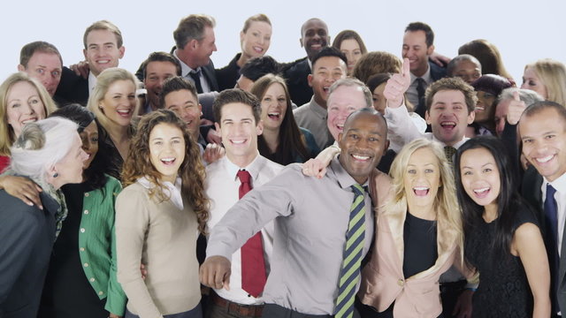 Happy, diverse group of business people isolated on white