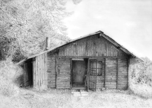 Romantic wooden cabin in mountain landscape, pencil drawing