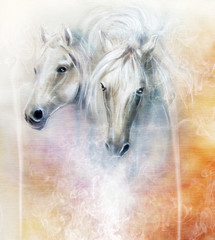 Two white horse spirits, beautiful detailed oil painting  © jozefklopacka