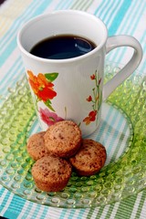 A cup of coffee and mini muffins