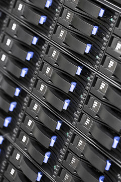 Close up of SAN storage hard drives in datacenter