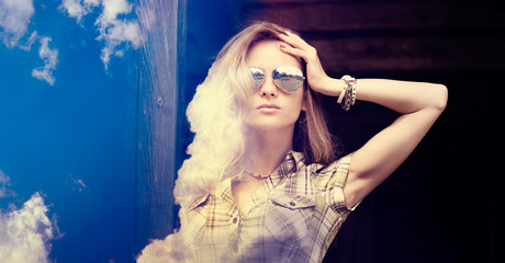 Double Exposure Portrait of Hipster Girl