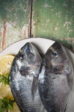 Close-up of two fresh fishes on a plate with lemon and prasley