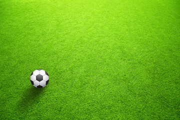 Sunny artificial green grass with soccer ball