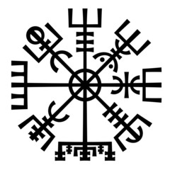 «Vegvisir». The Magic Navigation Compass of Vikings. Runescript from Ancient Medieval Icelandic Manuscript Book. Talisman for luck road and good voyage.