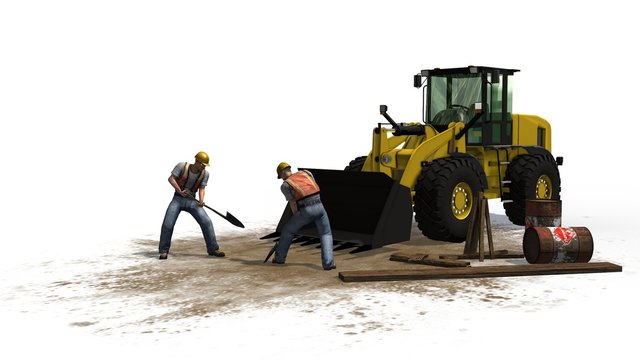 Bulldozer and construction worker isolated on white background