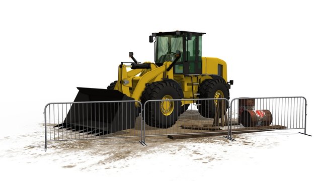 Bulldozer on construction site isolated on white background