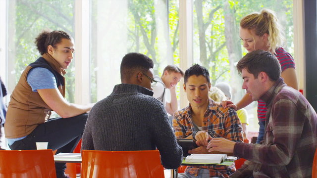 Cheerful diverse student group chatting & working together in college cafe area
