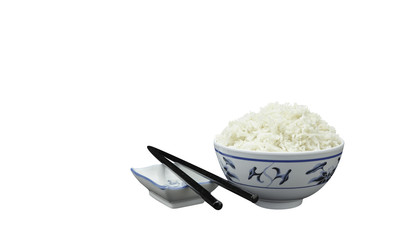 Natural Organic Cooked Rice with Asian Bowl  and Chopsticks