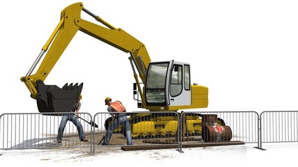 Obraz premium Excavators and construction worker behind roadblock isolated