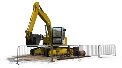 Excavators  behind roadblock isolated on white background

